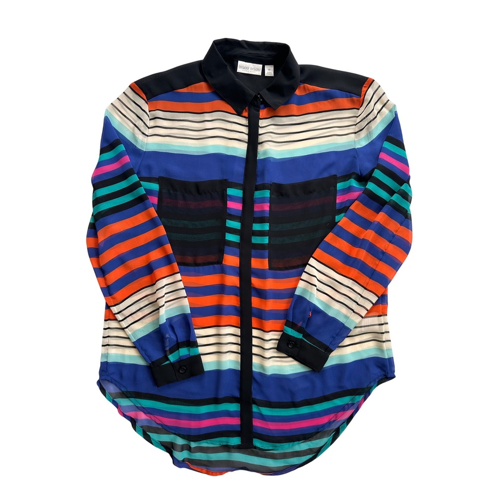 Bisou Bisou Michele Bohbot Blouse Womens Medium Multi Color Striped Chiffon Good
